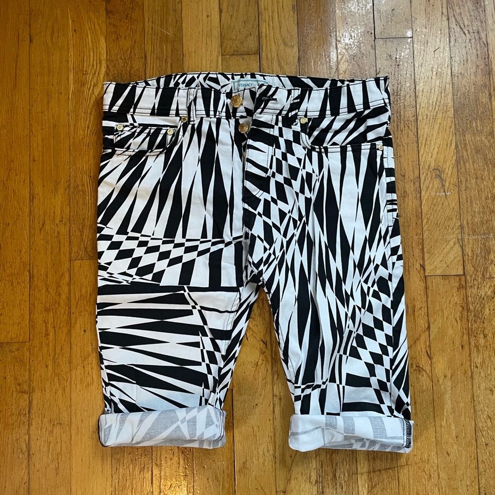 Versace x H&M black and white geometric print denim shorts